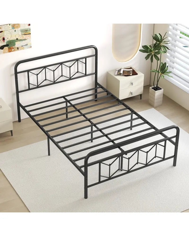 Platform Bed with High Headboard and Snap Lock Metal Slats-Full Size - Black - Simple Bed Frame