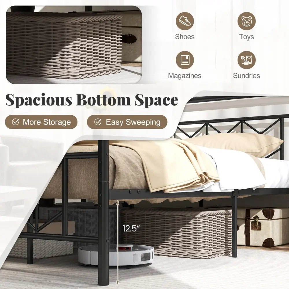 Platform Bed with High Headboard and Snap Lock Metal Slats-King Size - Black - Simple Bed Frame