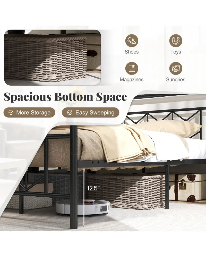 Platform Bed with High Headboard and Snap Lock Metal Slats-King Size - Black - Simple Bed Frame