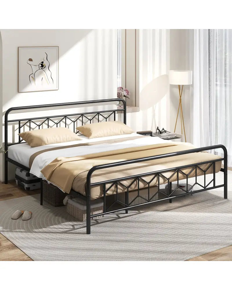Platform Bed with High Headboard and Snap Lock Metal Slats-King Size - Black - Simple Bed Frame