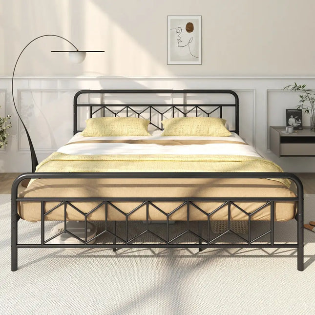 Platform Bed with High Headboard and Snap Lock Metal Slats-King Size - Black - Simple Bed Frame
