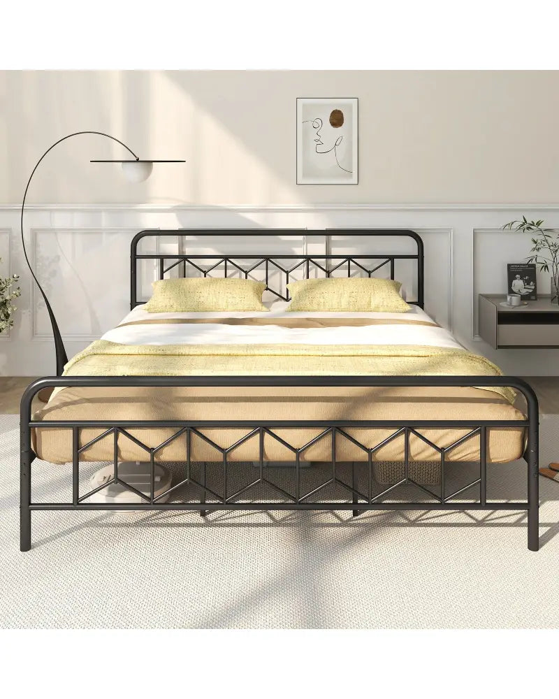 Platform Bed with High Headboard and Snap Lock Metal Slats-King Size - Black - Simple Bed Frame