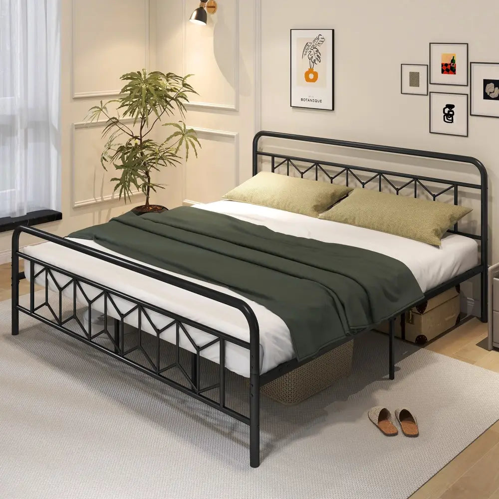 Platform Bed with High Headboard and Snap Lock Metal Slats-King Size - Black - Simple Bed Frame