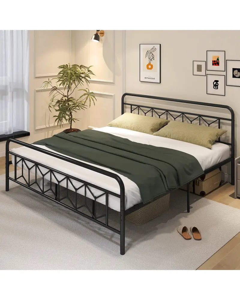 Platform Bed with High Headboard and Snap Lock Metal Slats-King Size - Black - Simple Bed Frame