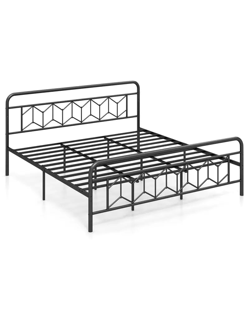 Platform Bed with High Headboard and Snap Lock Metal Slats-King Size - Black - Simple Bed Frame