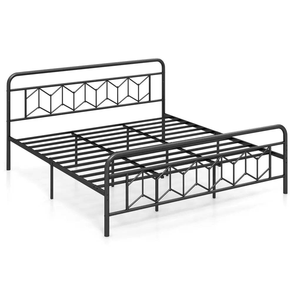 Platform Bed with High Headboard and Snap Lock Metal Slats-King Size - Black - Simple Bed Frame