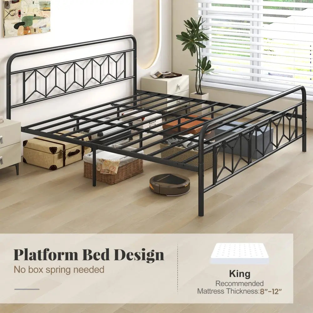 Platform Bed with High Headboard and Snap Lock Metal Slats-King Size - Black - Simple Bed Frame