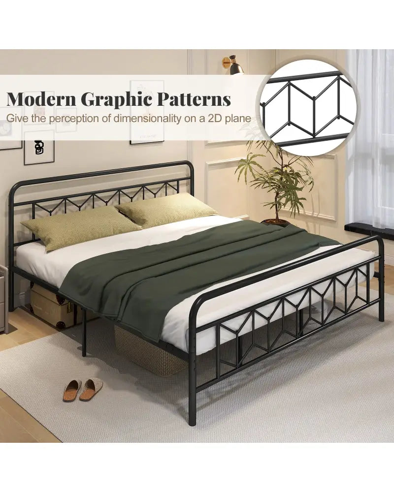 Platform Bed with High Headboard and Snap Lock Metal Slats-King Size - Black - Simple Bed Frame