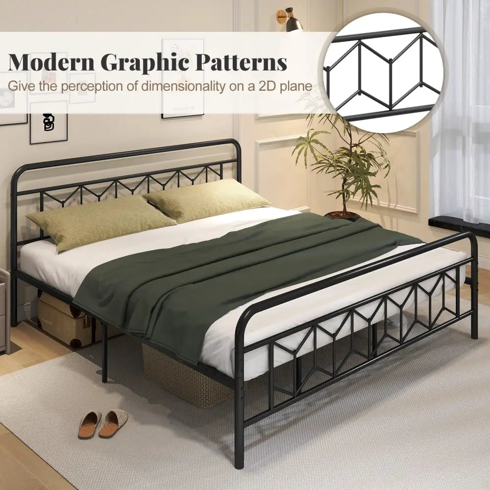 Platform Bed with High Headboard and Snap Lock Metal Slats-King Size - Black - Simple Bed Frame