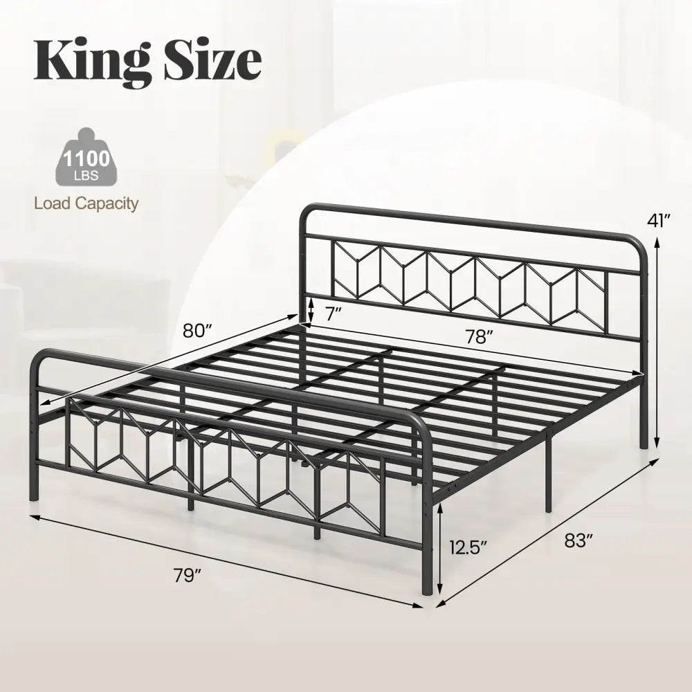 Platform Bed with High Headboard and Snap Lock Metal Slats-King Size - Black - Simple Bed Frame