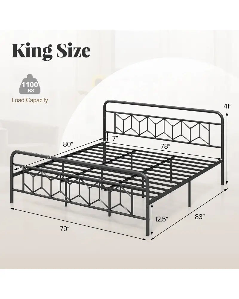 Platform Bed with High Headboard and Snap Lock Metal Slats-King Size - Black - Simple Bed Frame