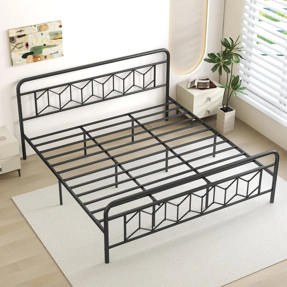 Platform Bed with High Headboard and Snap Lock Metal Slats-King Size - Black - Simple Bed Frame