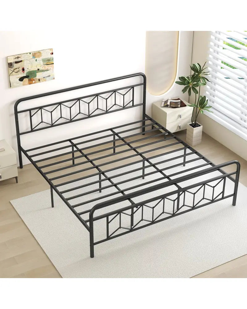Platform Bed with High Headboard and Snap Lock Metal Slats-King Size - Black - Simple Bed Frame