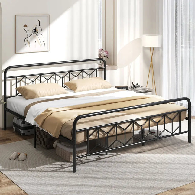 Platform Bed with High Headboard and Snap Lock Metal Slats-King Size - Black - Simple Bed Frame