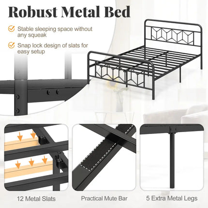 Platform Bed with High Headboard and Snap Lock Metal Slats-Queen Size - Black - Simple Bed Frame
