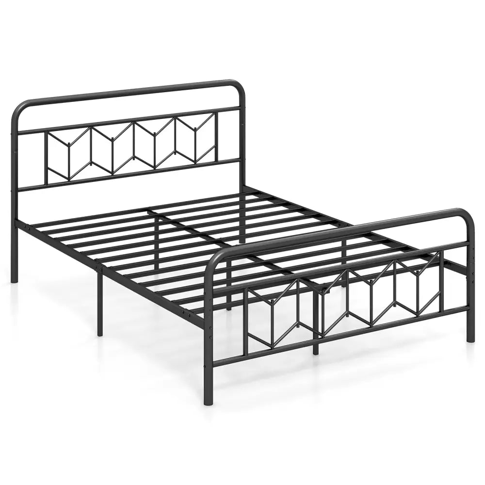 Platform Bed with High Headboard and Snap Lock Metal Slats-Queen Size - Black - Simple Bed Frame