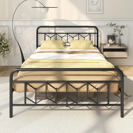 Platform Bed with High Headboard and Snap Lock Metal Slats-Queen Size - Black - Simple Bed Frame
