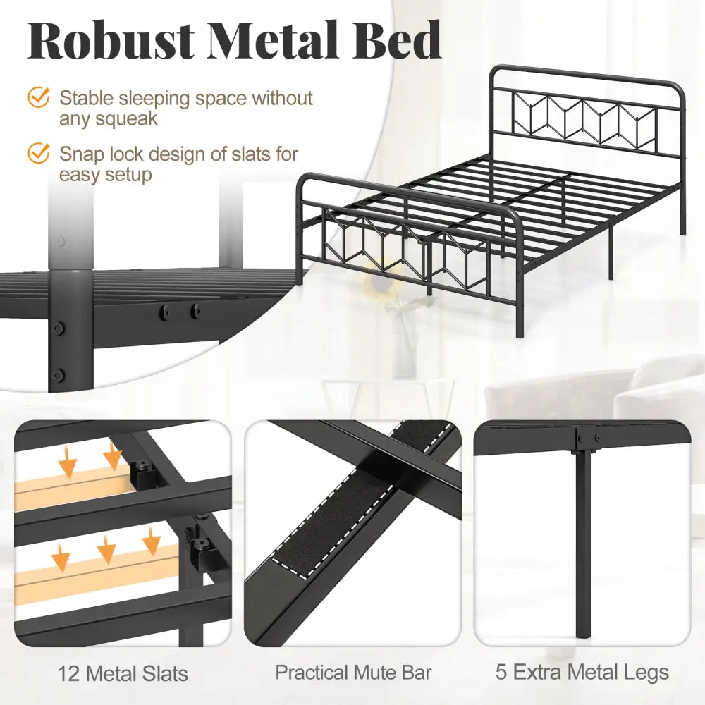 Platform Bed with High Headboard and Snap Lock Metal Slats-Queen Size - Black - Simple Bed Frame