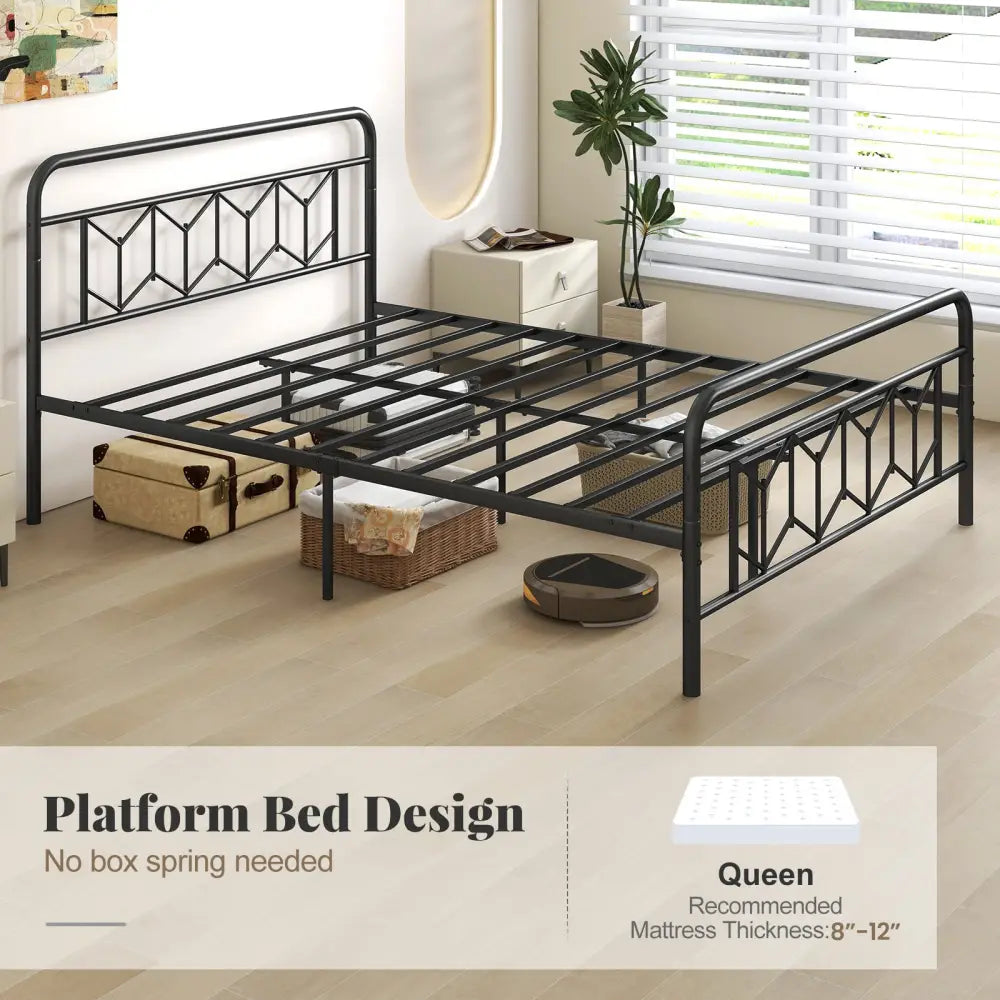 Platform Bed with High Headboard and Snap Lock Metal Slats-Queen Size - Black - Simple Bed Frame