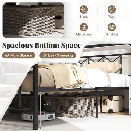 Platform Bed with High Headboard and Snap Lock Metal Slats-Queen Size - Black - Simple Bed Frame
