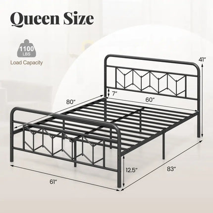 Platform Bed with High Headboard and Snap Lock Metal Slats-Queen Size - Black - Simple Bed Frame