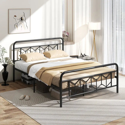 Platform Bed with High Headboard and Snap Lock Metal Slats-Queen Size - Black - Simple Bed Frame