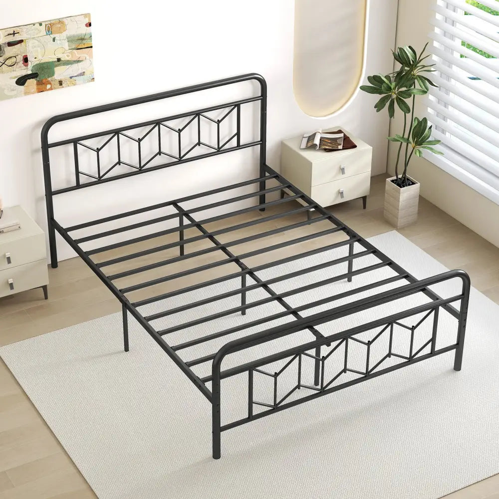 Platform Bed with High Headboard and Snap Lock Metal Slats-Queen Size - Black - Simple Bed Frame