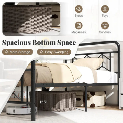 Platform Bed with High Headboard and Snap Lock Metal Slats-Twin Size - Black - Simple Bed Frame