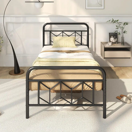 Platform Bed with High Headboard and Snap Lock Metal Slats-Twin Size - Black - Simple Bed Frame