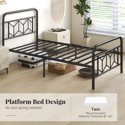 Platform Bed with High Headboard and Snap Lock Metal Slats-Twin Size - Black - Simple Bed Frame