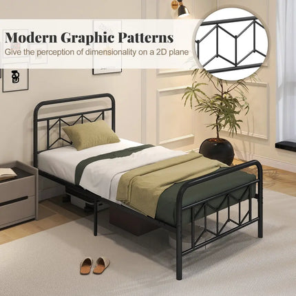 Platform Bed with High Headboard and Snap Lock Metal Slats-Twin Size - Black - Simple Bed Frame