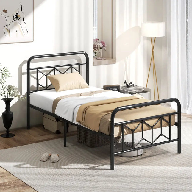 Platform Bed with High Headboard and Snap Lock Metal Slats-Twin Size - Black - Simple Bed Frame