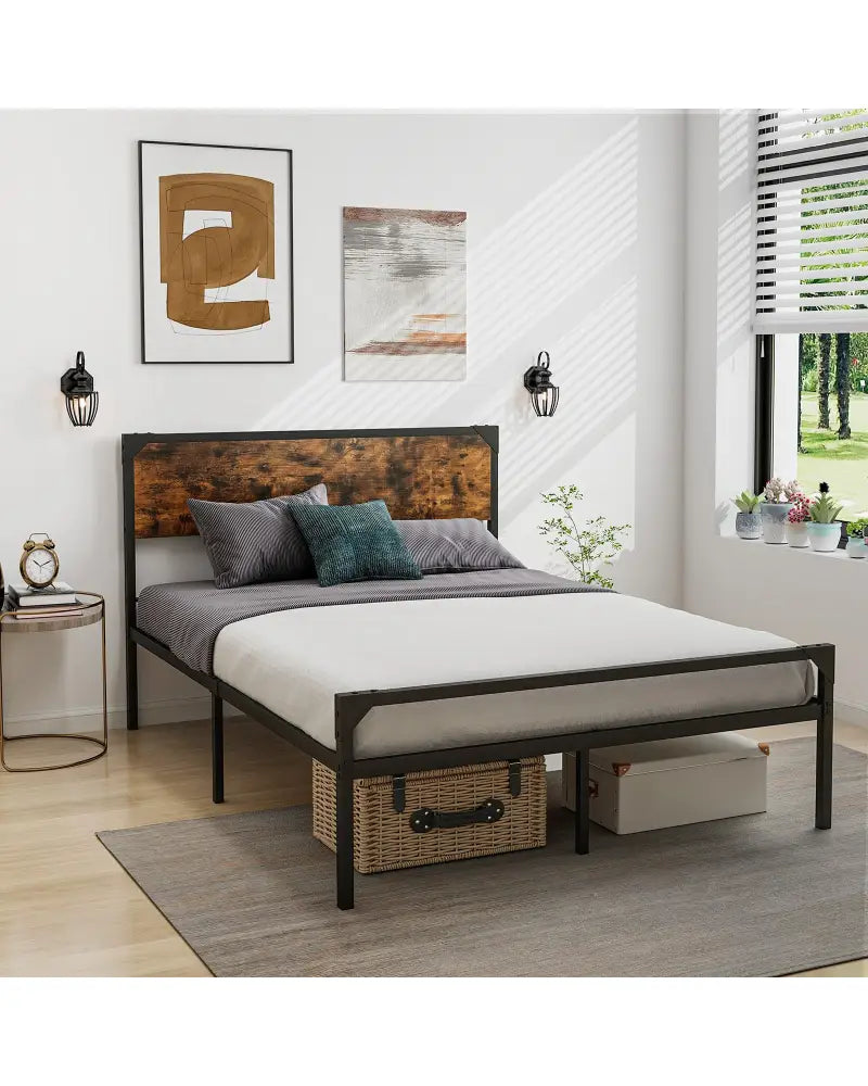 Platform Full/Queen Bed with Rustic Headboard and Footboard-Full Size - Black - Simple Bed Frame