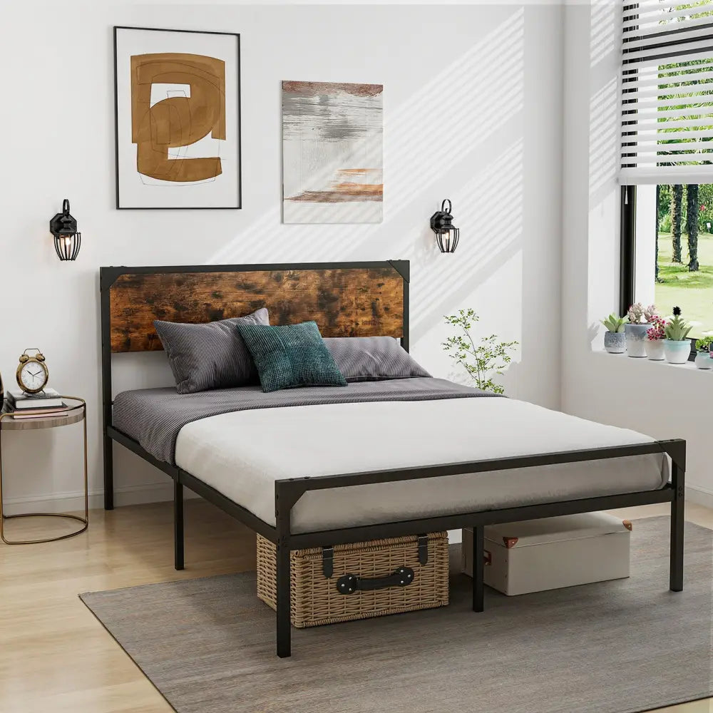 Platform Full/Queen Bed with Rustic Headboard and Footboard-Full Size - Black - Simple Bed Frame