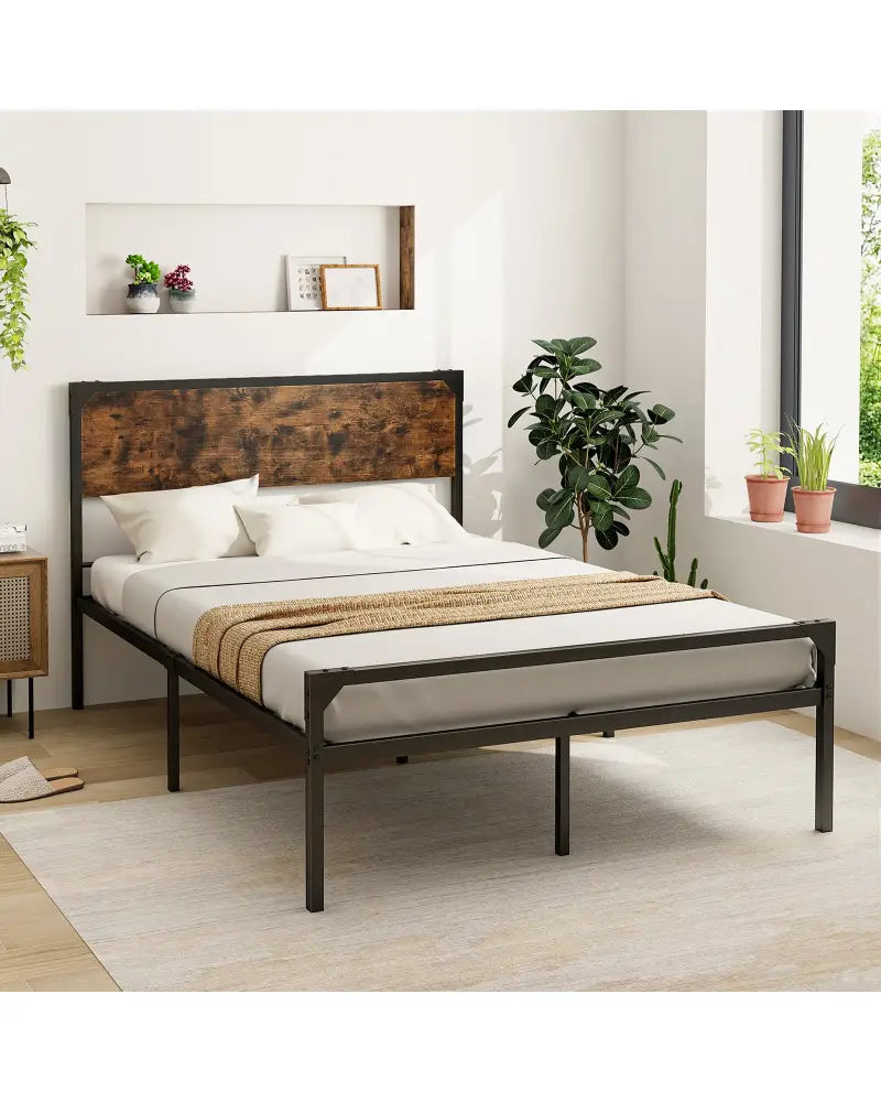 Platform Full/Queen Bed with Rustic Headboard and Footboard-Full Size - Black - Simple Bed Frame