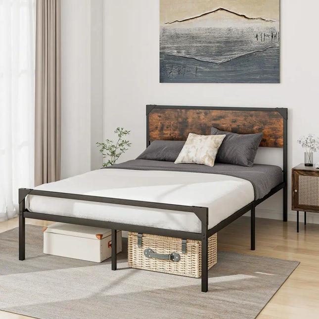Platform Full/Queen Bed with Rustic Headboard and Footboard-Full Size - Black - Simple Bed Frame