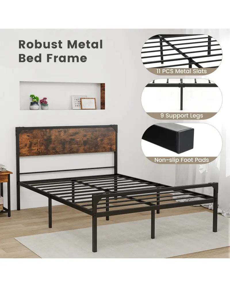 Platform Full/Queen Bed with Rustic Headboard and Footboard-Full Size - Black - Simple Bed Frame