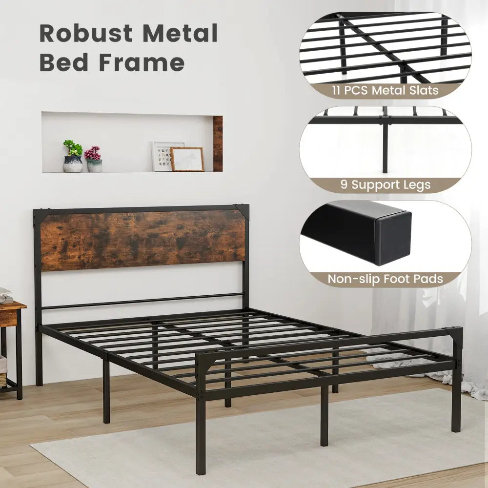 Platform Full/Queen Bed with Rustic Headboard and Footboard-Full Size - Black - Simple Bed Frame
