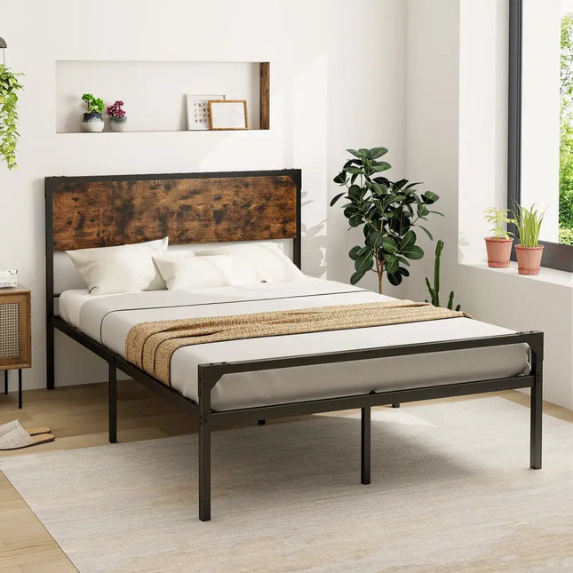 Platform Full/Queen Bed with Rustic Headboard and Footboard-Full Size - Black - Simple Bed Frame