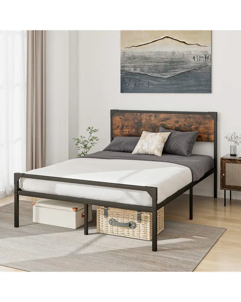 Platform Full/Queen Bed with Rustic Headboard and Footboard-Full Size - Black - Simple Bed Frame