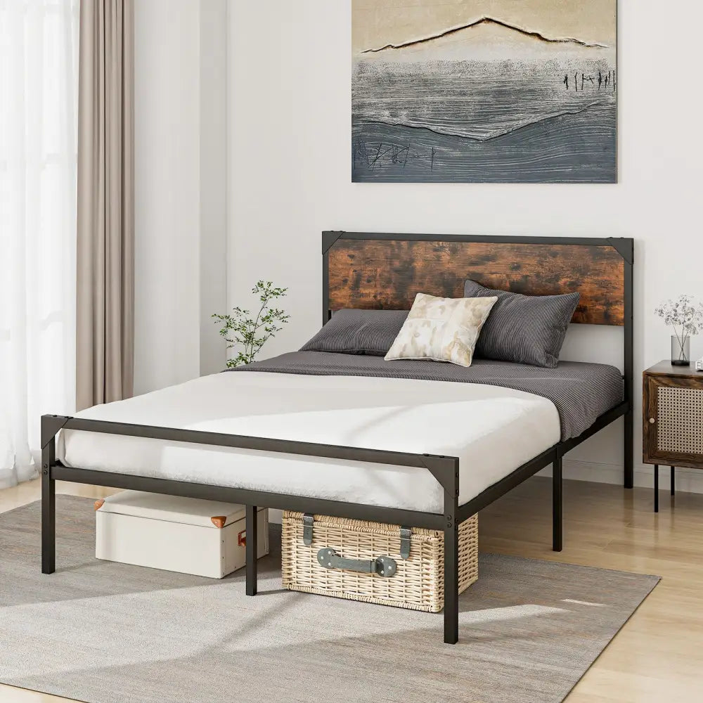 Platform Full/Queen Bed with Rustic Headboard and Footboard-Full Size - Black - Simple Bed Frame