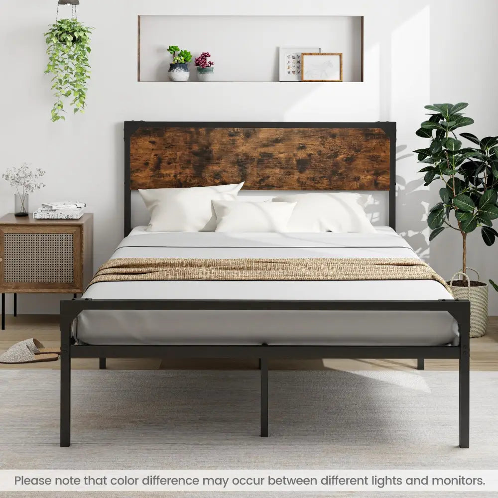Platform Full/Queen Bed with Rustic Headboard and Footboard-Full Size - Black - Simple Bed Frame