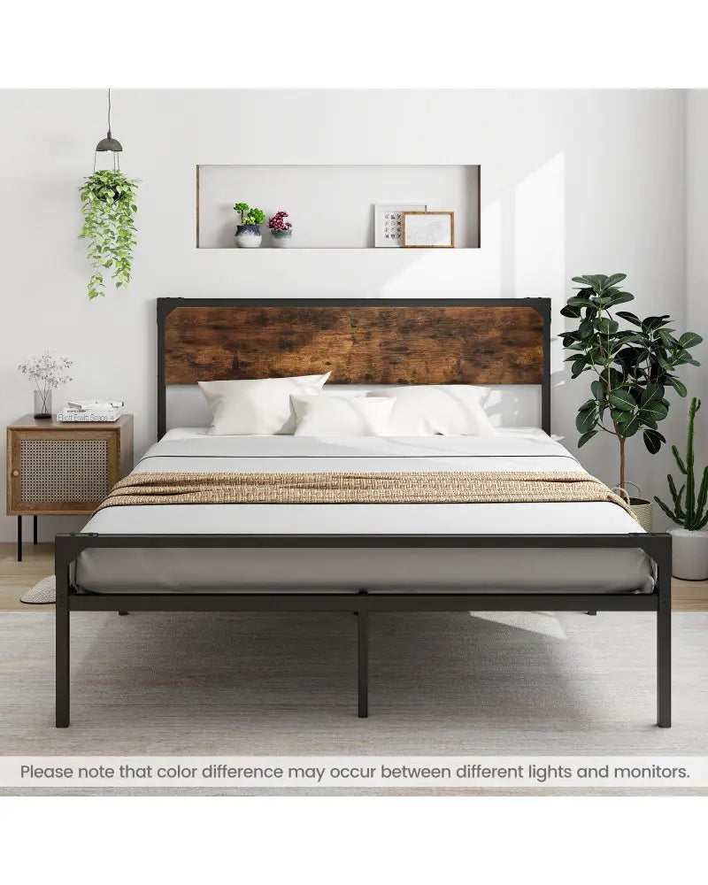Platform Full/Queen Bed with Rustic Headboard and Footboard-Queen Size - Black - Simple Bed Frame