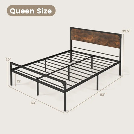 Platform Full/Queen Bed with Rustic Headboard and Footboard-Queen Size - Black - Simple Bed Frame