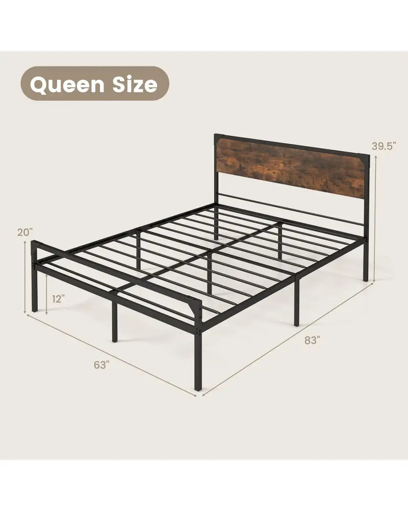 Platform Full/Queen Bed with Rustic Headboard and Footboard-Queen Size - Black - Simple Bed Frame