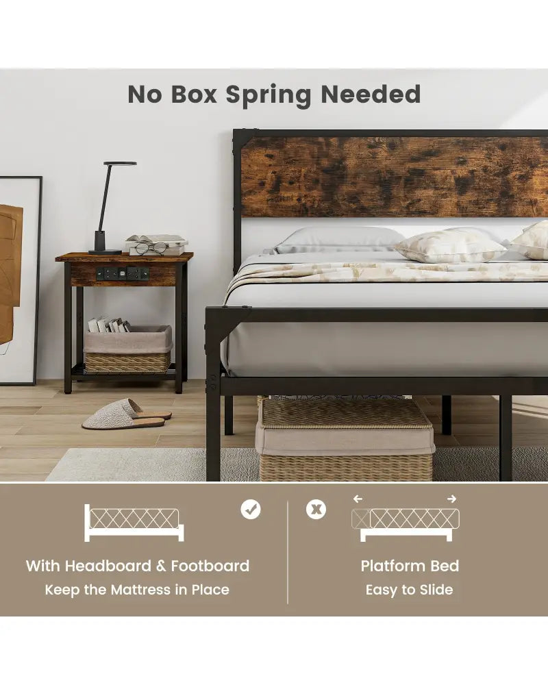 Platform Full/Queen Bed with Rustic Headboard and Footboard-Queen Size - Black - Simple Bed Frame