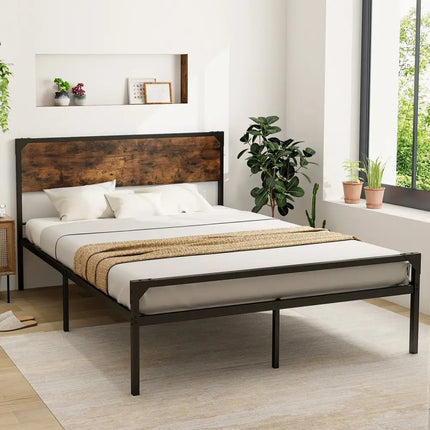 Platform Full/Queen Bed with Rustic Headboard and Footboard-Queen Size - Black - Simple Bed Frame