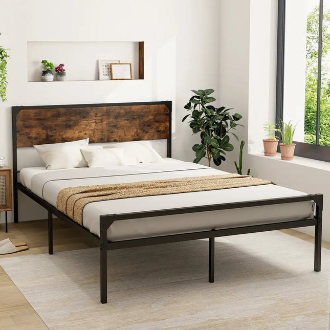 Platform Full/Queen Bed with Rustic Headboard and Footboard-Queen Size - Black - Simple Bed Frame