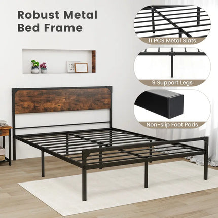 Platform Full/Queen Bed with Rustic Headboard and Footboard-Queen Size - Black - Simple Bed Frame