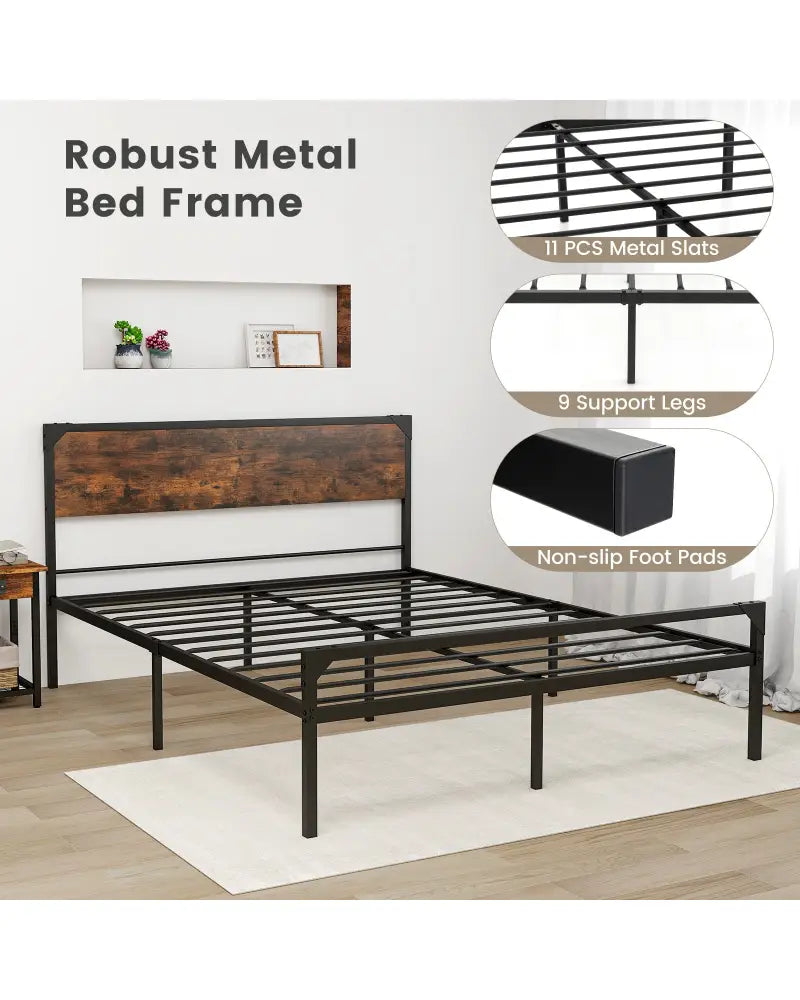 Platform Full/Queen Bed with Rustic Headboard and Footboard-Queen Size - Black - Simple Bed Frame